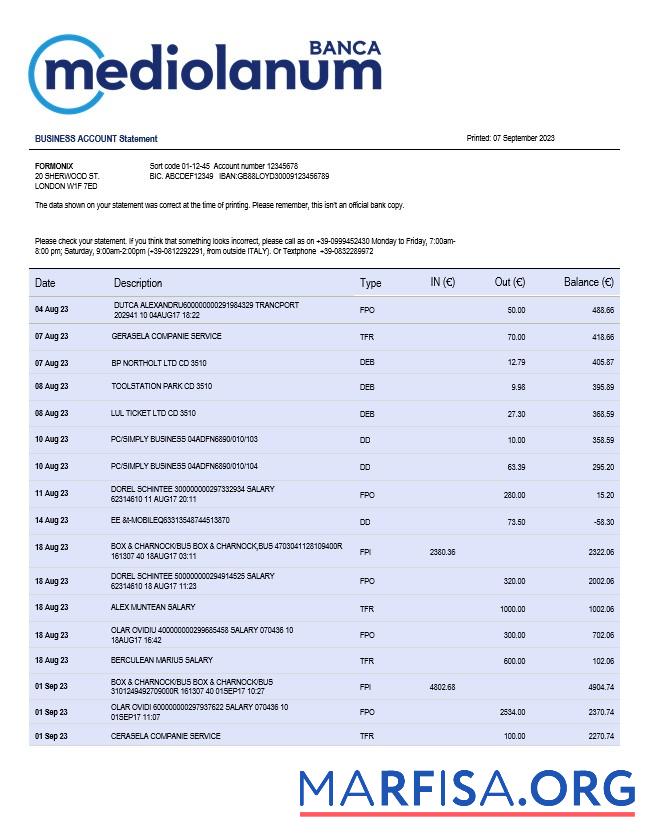 Realistic Banca Mediolanum firm account statement Word and PDF template